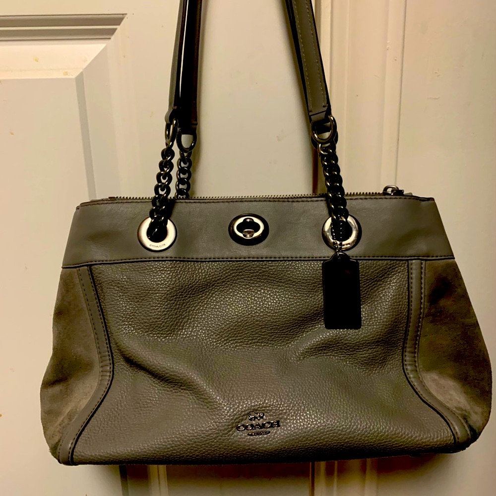 Coach Edie Carryall Turn Lock Heather Gray Leather & Suede Shoulder Bag